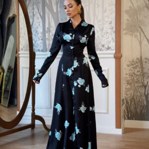 Womens Fashionable Printed V-Neck Defined-Waist Dress