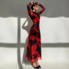 Mesh-printed Waist-cinching Figure-flattering Knit Long-sleeve Dress With Lining