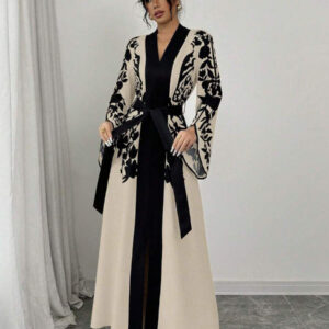 Women's V-neck Long Cardigan Printed Flared Long-sleeve Lace-up Dress